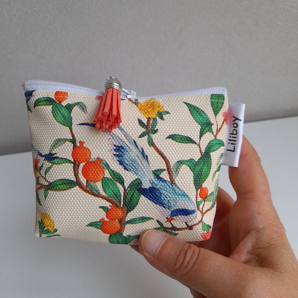 porte-monnaie zippé femme/porte-cartes/similicuir imprimé oiseaux/bleu/orange/jaune/beige/cadeau femme/accessoire de sac/bourse