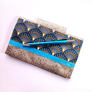 porte chéquier femme en France/porte-cartes/porte-stylo/similicuir pailleté or/coton enduit bronze/bleu nuit/or/blanc