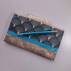 porte chéquier femme en France/porte-cartes/porte-stylo/similicuir pailleté or/coton enduit bronze/bleu nuit/or/blanc