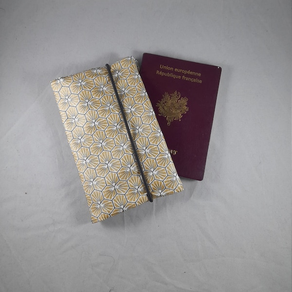 étui passeport en France/portefeuille femme/étui carte grise/permis/cadeau homme ou femme/coton enduit Riad or/noir/blanc/similicuir noir