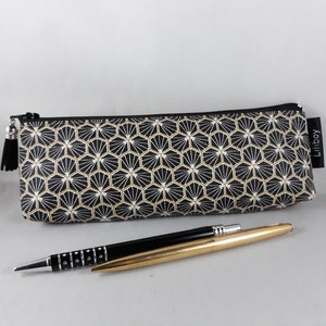 Riad Black & Gold Coated Cotton Zipper Pouch, Cork Back