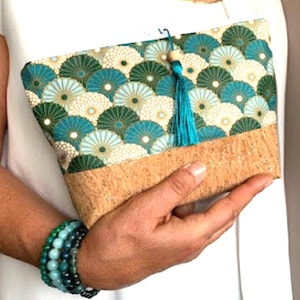 trousse maquillage/cadeau femme/coton enduit imprimé blanc/bleu/vert/or/liège pailleté