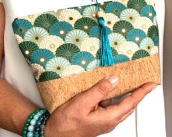 trousse maquillage/cadeau femme/coton enduit imprimé blanc/bleu/vert/or/liège pailleté
