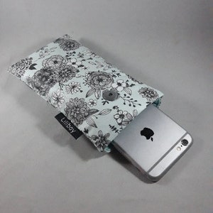housse/étui molletonné téléphone portable/étui pour lunettes/coton enduit fleurs japonaises jaune/noir/blanc