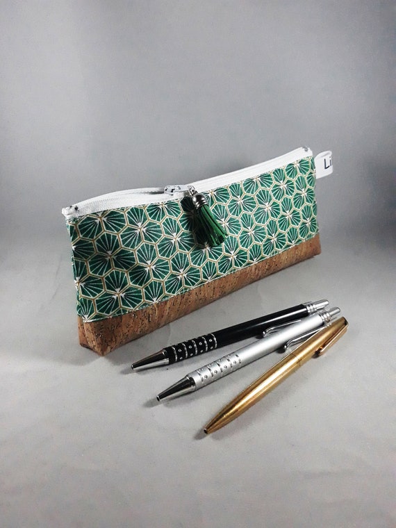 Green Coated Cotton Pencil Case, Cork Base, Zippered Pouch