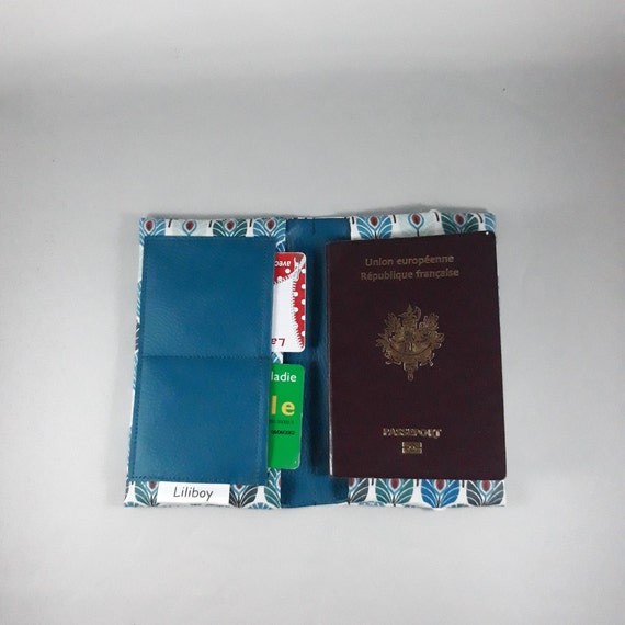 Étui Passeport France/portefeuille/étui Carte grise/permis/cadeau homme/cadeau femme/coton Enduit bleu/blanc/rouge/simili Bleu