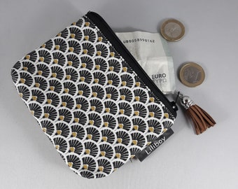 Portemonnee met waaierpatroon en rits: zwart en goudgecoat katoen