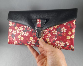 compagnon de sac/portefeuille/porte-chéquier/porte-cartes/porte-papiers/coton enduit fleurs noir/rouge/blanc/or/similicuir noir/cadeau femme