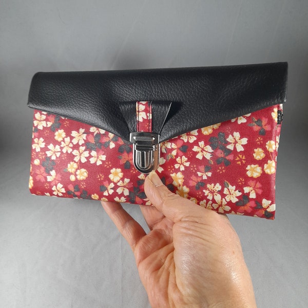 compagnon de sac/portefeuille/porte-chéquier/porte-cartes/porte-papiers/coton enduit fleurs noir/rouge/blanc/or/similicuir noir/cadeau femme