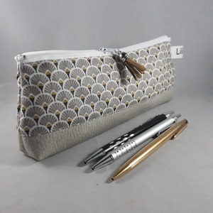 trousse école/petite trousse maquillage femme/coton enduit beige/or/blanc/simili cuir imitation daim beige