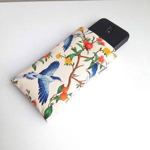 Telefoon/telefoon/cadeau femme/similicuir imprimé oiseaux bleu/orange/jaune/double/molletonne