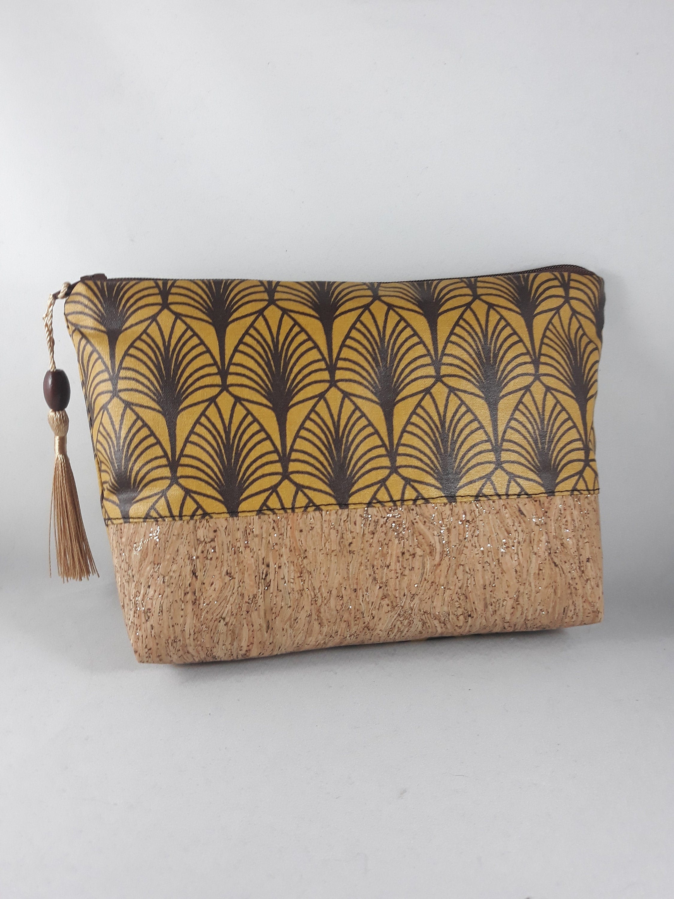 trousse maquillage/cadeau femme/coton enduit imprimé feuilles/marron/jaune moutarde/liège pailleté