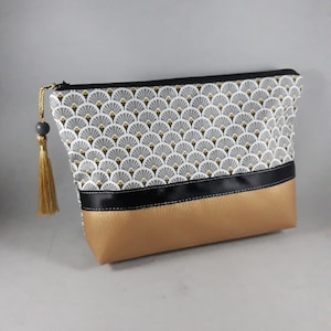 trousse à maquillage/pochette femme/ coton enduit imprimé éventails gris/noir/blanc/or/similicuir or/cadeau pour femme