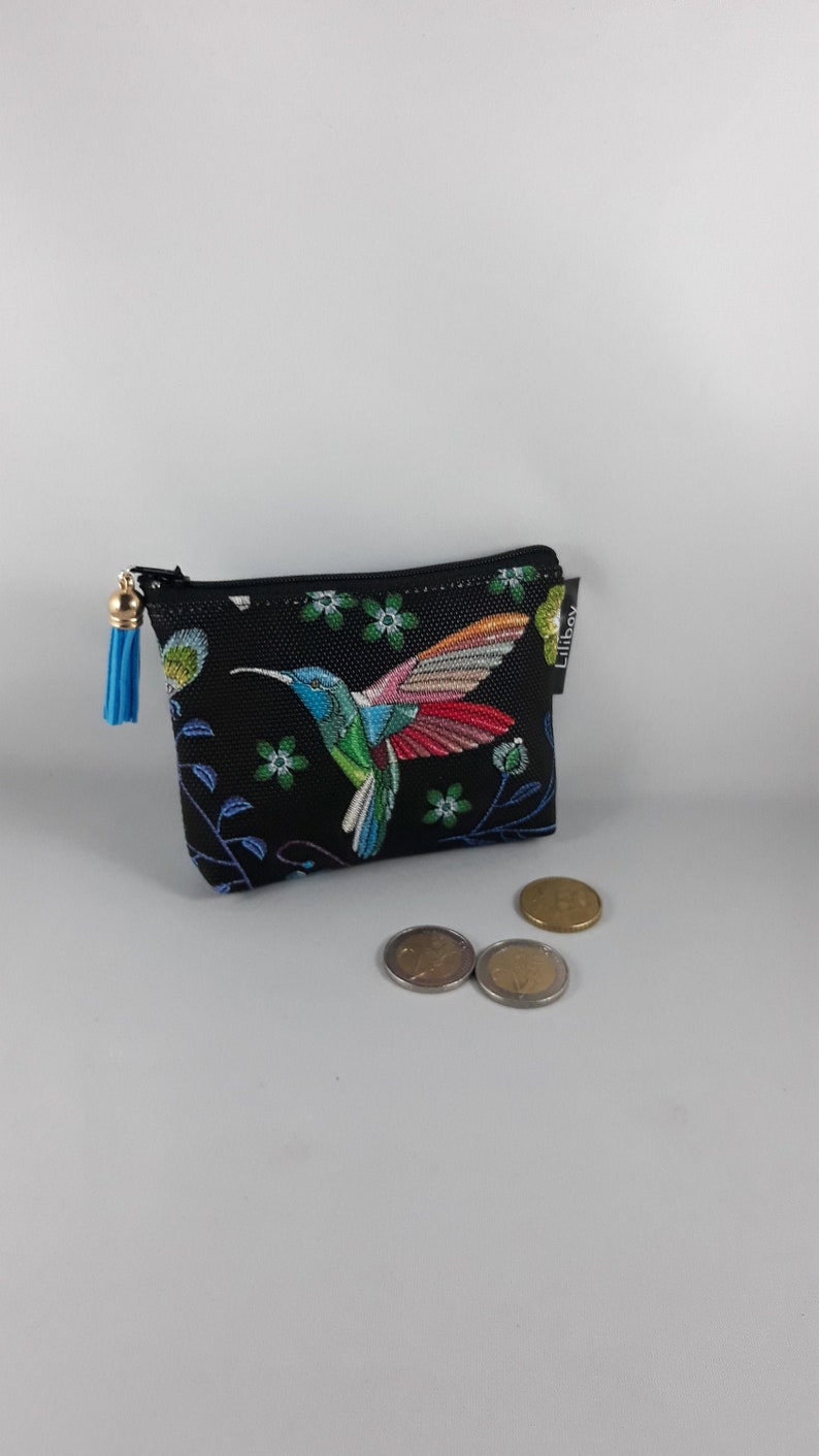 Porte-monnaie zippé femme/porte-cartes/similicuir colibris noir/bleu/rose/vert/cadeau femme/accessoire de sac/bourse/cadeau fête des mères image 1