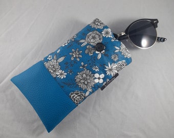 étui téléphone/étui lunettes/coton enduit imprimé fleurs bleu/blanc/noir/simili cuir bleu/idée de cadeau femme