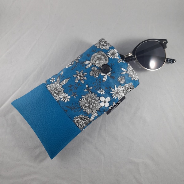 étui téléphone/étui lunettes/coton enduit imprimé fleurs bleu/blanc/noir/simili cuir bleu/idée de cadeau femme