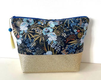trousse de toilette en coton enduit imprimé et simili pailleté or/cadeau femme