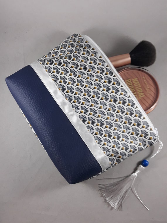 Pochette/trousse Maquillage/cadeau Femme/coton Enduit Japonais Imprimé  éventails Bleu,or,noir Et Blanc Et Similicuir Bleu 