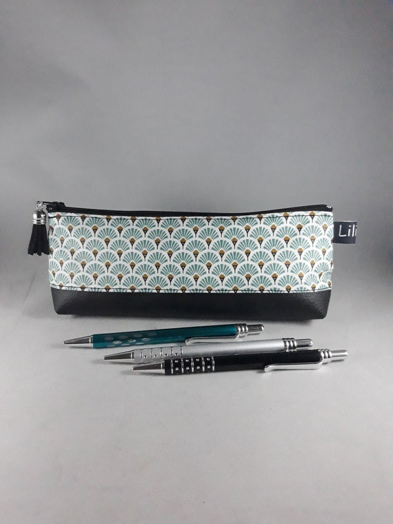 Printed Coated Cotton Pencil Case, Black Faux Leather Base