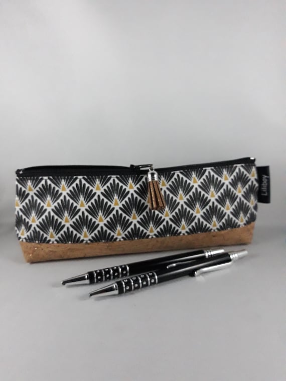 Black & Gold Makeup Bag, Cork Base, Zipper Pouch