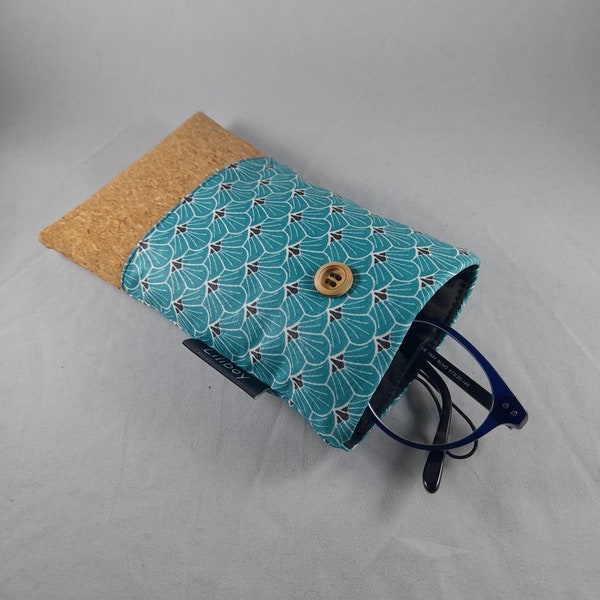 housse/étui téléphone portable/étui lunettes/coton enduit turquoise/blanc/noir/tissu liège/idée de cadeau femme