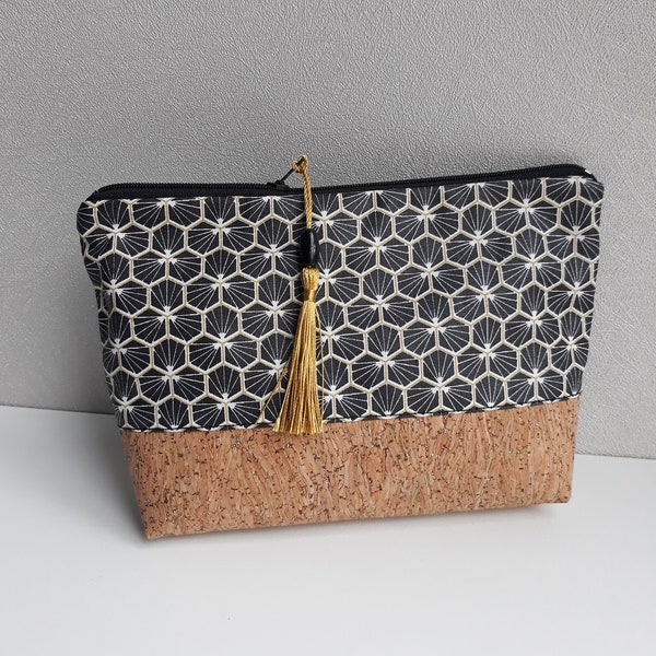 pochette/trousse maquillage/accessoire de sac/cadeau femme/coton enduit imprimé noir/or/blanc et liège naturel doré/cuir Cork