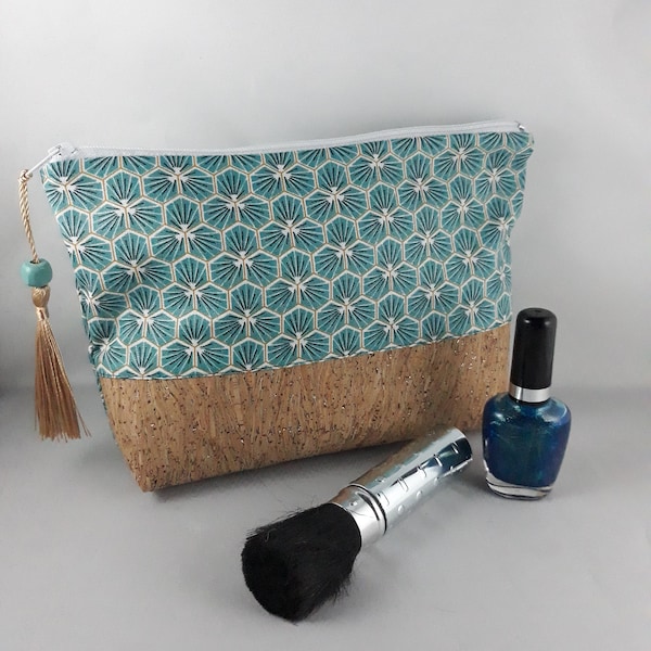 trousse à maquillage/coton enduit riad bleu/vert/émeraude/turquoise/blanc/or/noir/liège pailleté/cadeau tendance pour femme/pochette doublée