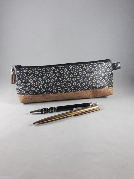 Floral Coated Cotton & Cork Pencil Case, Small Makeup Bag