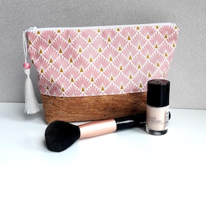 trousse maquillage/trousse liège/cadeau femme/coton enduit imprimé paons rose/blanc/or/liège naturel pailleté or/idée de cadeau
