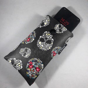 étui molletoné pour lunettes/telefoon/accessoire femme, homme et ado/ similicuir noir imprimé rouge, blanc, geel, blauw/calaveras/skull