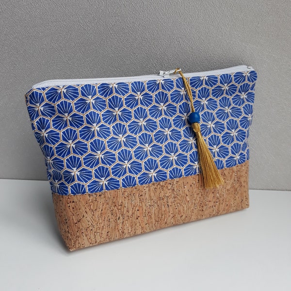 pochette/trousse maquillage en liège/idée cadeau femme/coton enduit imprimé bleu dur/blanc/or/liège pailleté