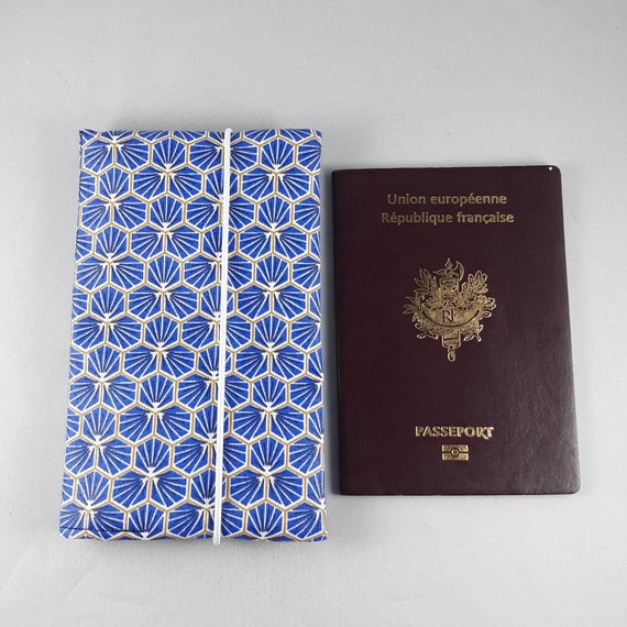 Étui Passeport en France/portefeuille/étui Carte grise/permis/cadeau homme/cadeau femme/coton Enduit bleu/or/blanc/simili Bleu