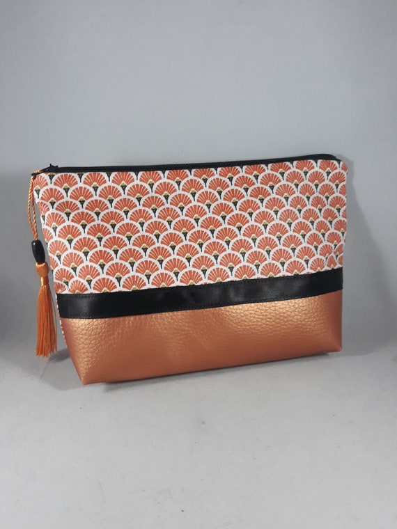 Trousse Maquillage/pochette/accessoire De Sac Femme/coton Enduit Imprimé  Orange/or/noir/blanc/simili Cuir Cuivré/idée Cadeau Femme 