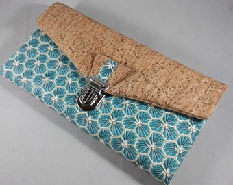 portefeuille en liège/portefeuille femme/coton enduit imprimé bleu turquoise/or/blanc/liège pailleté or/idée cadeau femme