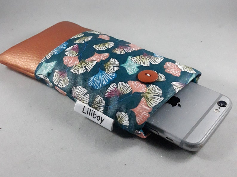 étui en France/téléphone portable/étui pour lunettes /coton enduit ginkgo/bleu/orange/turquoise/blanc/similicuir cuivré/cadeau femme image 5