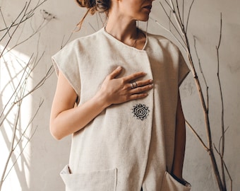 Personalized linen vest with animal hand print on back, linen spring vest, boho style natural linen waistcoat, loose vest, hand made vest