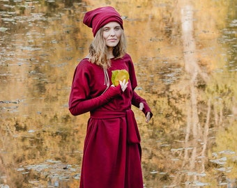 Warm casual dress, pullover dress, warm winter dress, red boho dress, dress for fall, sweater dress, warm tunic dress, winter maxi dress