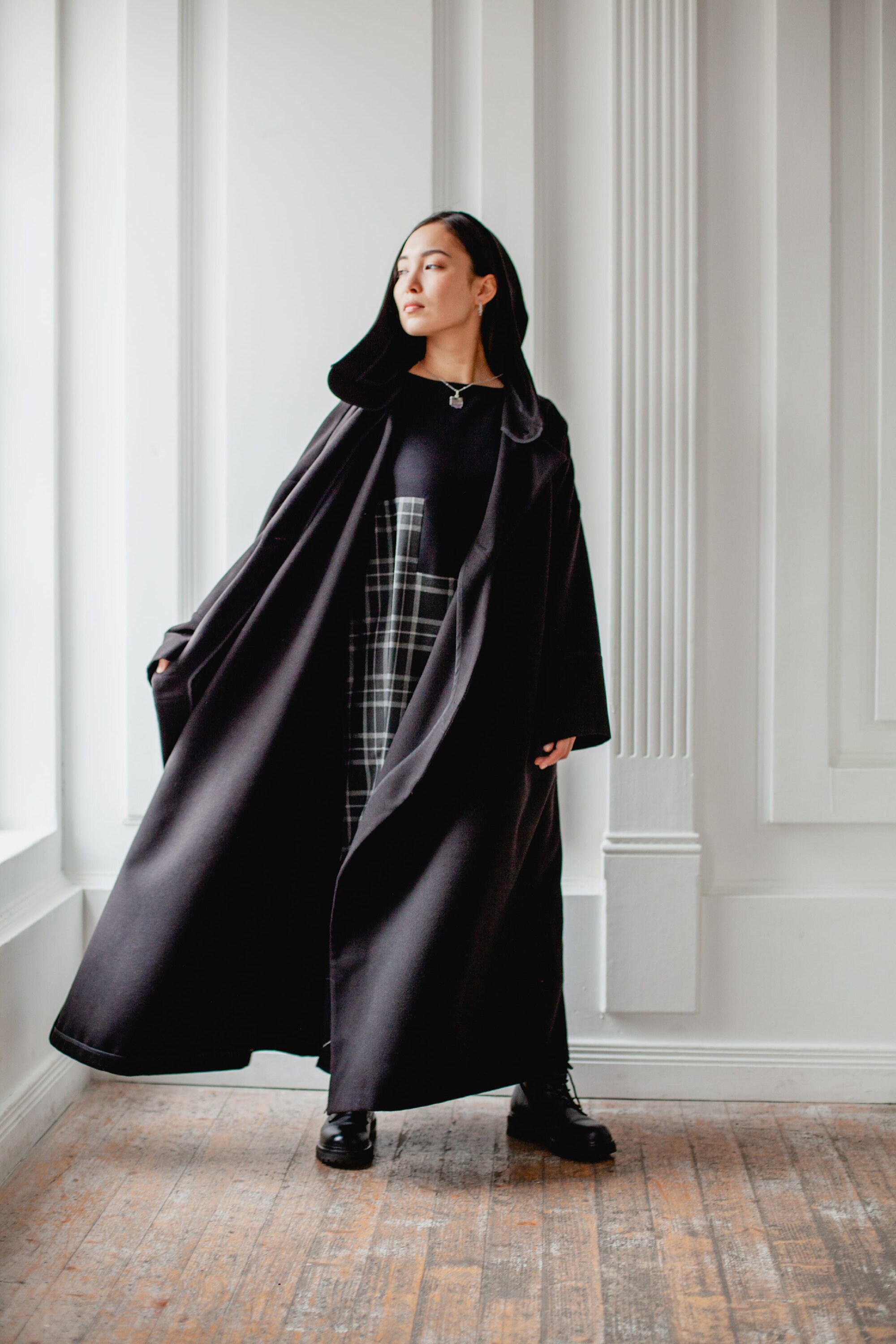 Asymmetric Wool Maxi Coat With Hood - Oversized Warm Overcoat