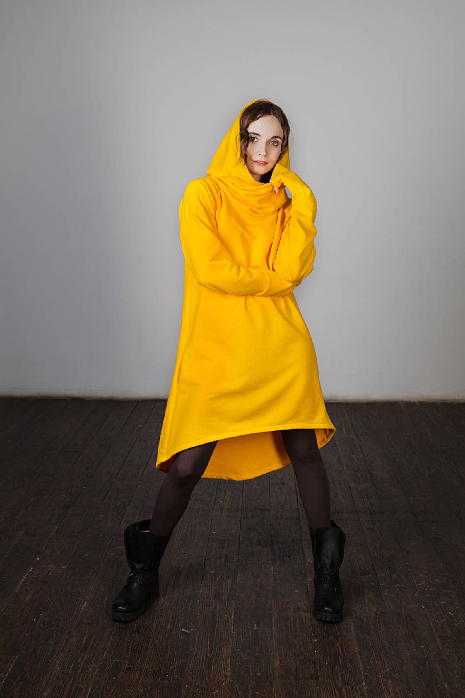 Warm Casual Hooded Dress, Warm Maxi Tunic Dress, Yellow Boho Warm Dress