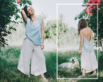 Linen wide summer pants, summer comfy pants, culotte pants, boho style natural linen trousers, women loose linen pants, mothers day gift