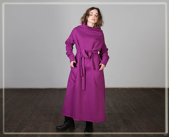 hooded jersey dress Oversize Cotton Dress: Warm Maxi With Waistband AddTopSequins