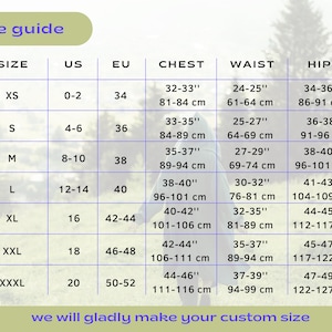 May include: Size chart for clothing with measurements in inches and centimeters. The chart shows sizes XS through XXXL with corresponding US, EU, chest, waist, and hip measurements.