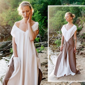 Linen bridesmaid dress, boho wedding dress, white & beige maxi dress, minimalist wedding dress, wedding guest dress image 3