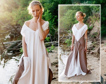 Color Block Linen Maxi Dress: White & Beige Oversize Open Back