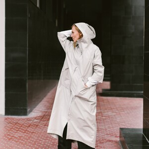 Midi beige waterproof trench coat, oversized raincoat, waterproof coat, waterproof jacket, hooded raincoat, alternative raincoat image 2