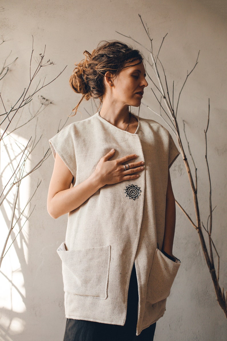 Personalized linen vest with animal hand print on back, linen spring vest, boho style natural linen waistcoat, loose vest, hand made vest image 1