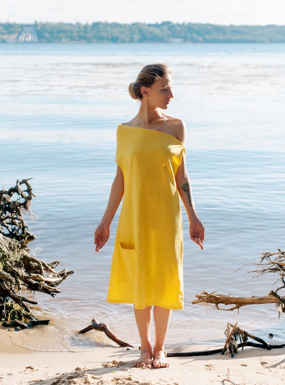 Yellow Linen One Shoulder Dress: Short Summer Festival Shift