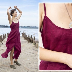 Burgundy linen summer dress - Linen maxi dress with pockets - Beach wedding dress - Women minimalist dress - Simple bridermaid linen dress
