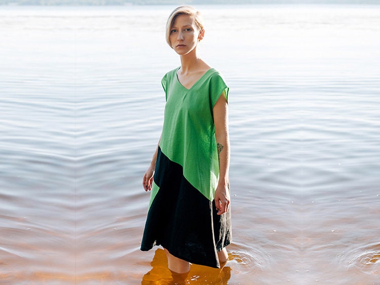 Color Block Linen Tunic Dress Asymmetric Casual Wear