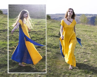 Maxi robe double face en lin bleu jaune avec poches, grande robe en lin, robe tunique en lin, robe ample décontractée, robe de fille de printemps